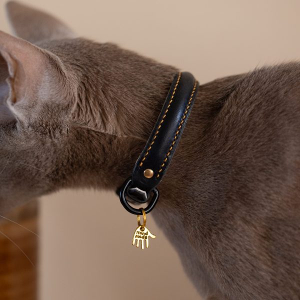 Premium Cat Collar - Black with yellow stitching thread